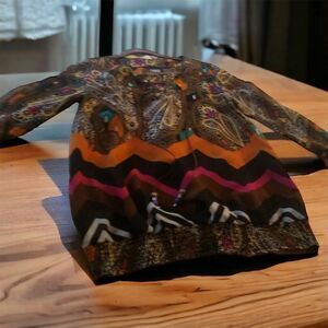 Emma K Womens Blouse Multi Color Sheer Paisley Chevron Beaded Tie Size Small